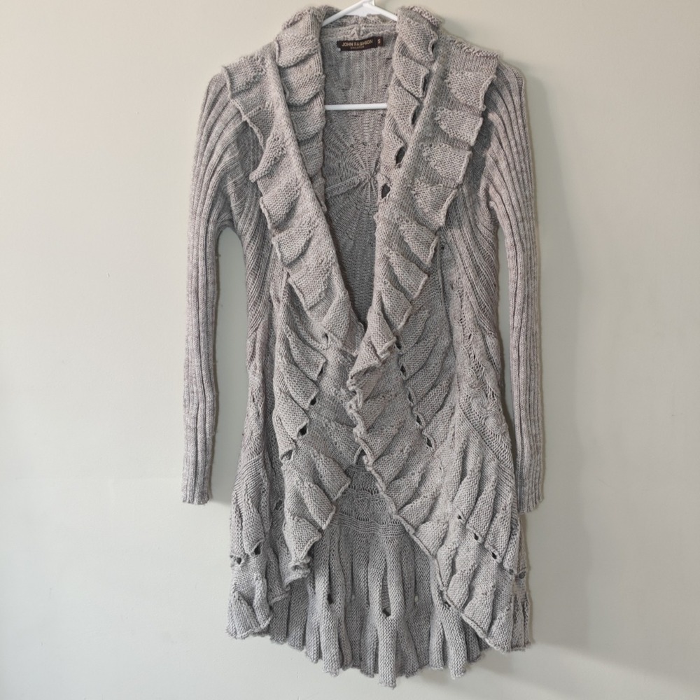 John Fashion Womens Knit Cardigan Sweater Small Open Front Drape Gray Ruffle Y2K - Picture 4 of 7